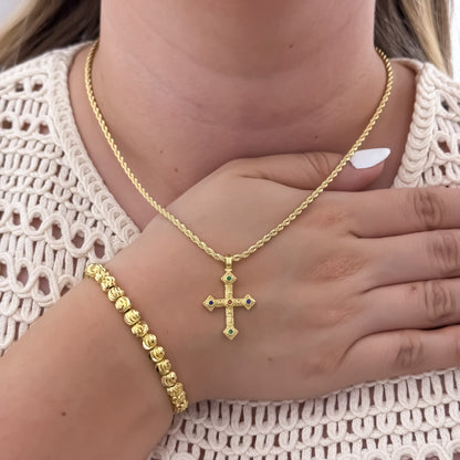 Cadena Tejido Lazo Siciliano de 45cm de 3mm + Cruz Micro Circones Cristales + Pulseras Balin Italiano de 6mm en Oro Laminado 18k con Garantia de por vida