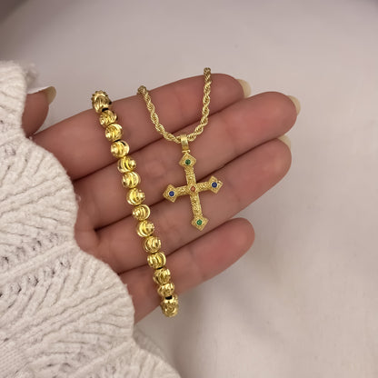 Cadena Tejido Lazo Siciliano de 45cm de 3mm + Cruz Micro Circones Cristales + Pulseras Balin Italiano de 6mm en Oro Laminado 18k con Garantia de por vida