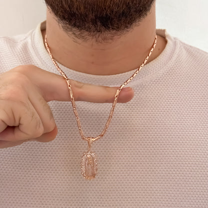 Cadena Rustica Rosada de 60cm de 4mm + Virgen de Guadalupe Talla en Oro Rosa en Oro Laminado 18k con Garantia de por vida