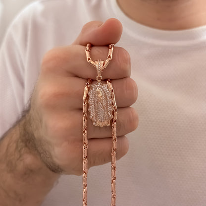 Cadena Rustica Rosada de 60cm de 4mm + Virgen de Guadalupe Talla en Oro Rosa en Oro Laminado 18k con Garantia de por vida