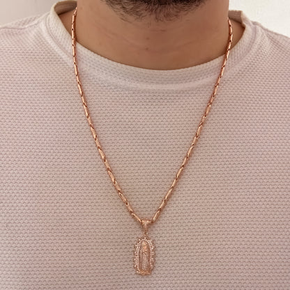 Cadena Rustica Rosada de 60cm de 4mm + Virgen de Guadalupe Talla en Oro Rosa en Oro Laminado 18k con Garantia de por vida