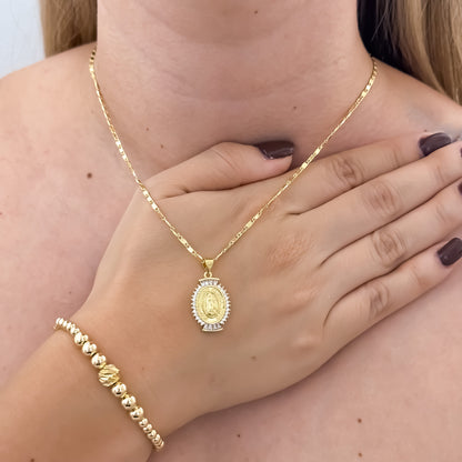Cadena Tejido Escalera Plana 45cm de 2mm de Grosor + Virgen de Guadalupe + Pulsera Full balines en 4mm en Oro Laminado 18k con Garantía de por vida