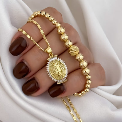Cadena Tejido Escalera Plana 45cm de 2mm de Grosor + Virgen de Guadalupe + Pulsera Full balines en 4mm en Oro Laminado 18k con Garantía de por vida