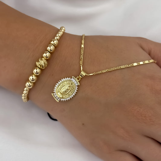 Cadena Tejido Escalera Plana 45cm de 2mm de Grosor + Virgen de Guadalupe + Pulsera Full balines en 4mm en Oro Laminado 18k con Garantía de por vida