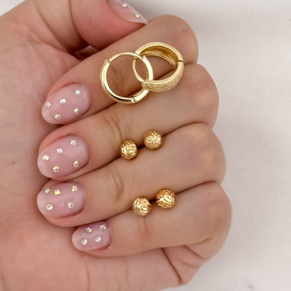 Juego de Candongas Diamantada Mediana + Topo Balin Diamantado  de 4mm - 5mm en Oro Laminado 18k con Garantía de por vida