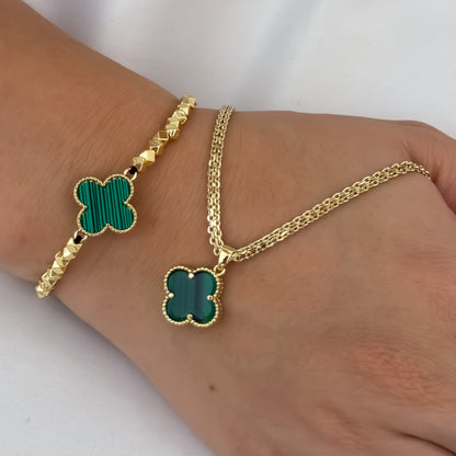 Cadena Tejido Chino de Dama de 45cm de 3mm de Grosor + Van Cleef Verde  + Pulsera Van Cleef verde en Balin Italiano en Oro Laminado 18k con Garantia de por vida