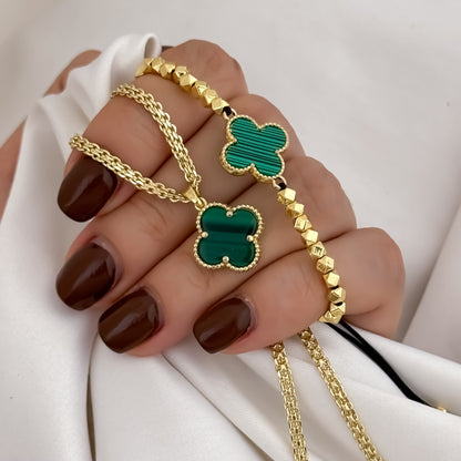 Cadena Tejido Chino de Dama de 45cm de 3mm de Grosor + Van Cleef Verde  + Pulsera Van Cleef verde en Balin Italiano en Oro Laminado 18k con Garantia de por vida