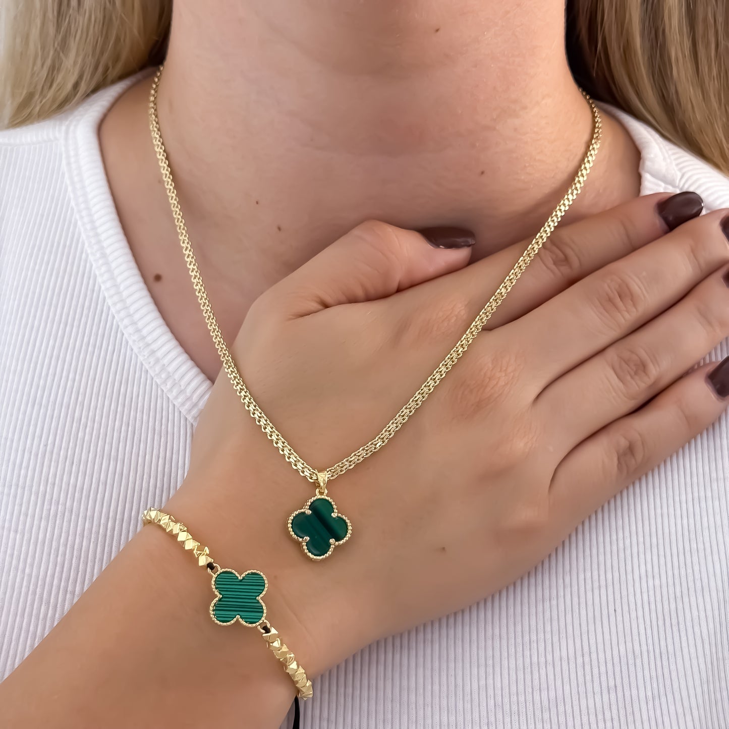 Cadena Tejido Chino de Dama de 45cm de 3mm de Grosor + Van Cleef Verde  + Pulsera Van Cleef verde en Balin Italiano en Oro Laminado 18k con Garantia de por vida