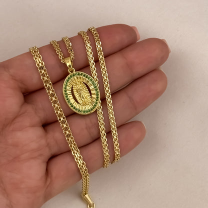 conjunto Tejido Chino de Dama de 45cm de 3mm  Cadena + Virgen Guadalupe + Pulseras de 18cm de 3mm en Oro Laminado 18k