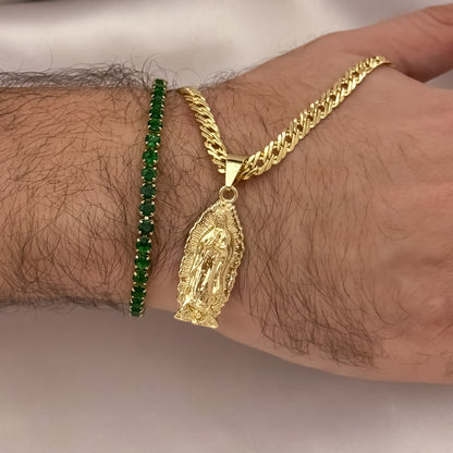 Cadena Tejido Cubana Cruzada de 60cm de 5mm de Grosor + Virgen de Guadalupe Tallada + Pulsera Tennis Verde en Oro Laminado 18k con Garantia de por vida