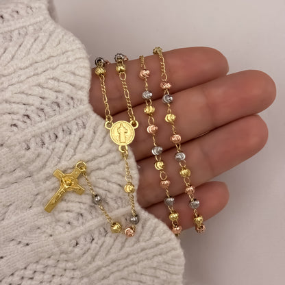Camandula de San Benito Protección de 3 Oros en Balin Diamantado en Oro Laminado 18k con Garantia de por vida
