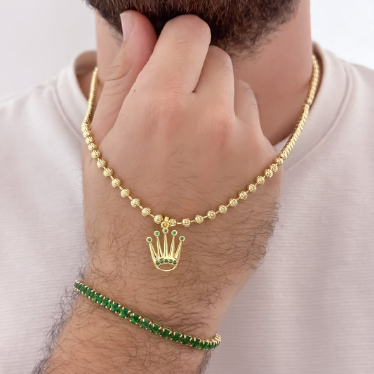 Cadena Tejido Militar de Hombre Diamantada de 60cm de 4mm de Grosor + Corona Rolex con Micro circones verde + Pulsera Tennis Verde en Oro laminado 18k con Garantia