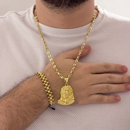 CADENA TEJIDO GUCCI DE HOMBRE DE 60CM DE 5MM + ROSTRO DE JESUS + PULSERA TRES CARRILES EN BALIN ITALIANO DE ORO LAMINADO 18K CON GARANTIA DE POR VIDA