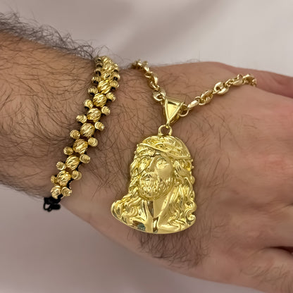 CADENA TEJIDO GUCCI DE HOMBRE DE 60CM DE 5MM + ROSTRO DE JESUS + PULSERA TRES CARRILES EN BALIN ITALIANO DE ORO LAMINADO 18K CON GARANTIA DE POR VIDA