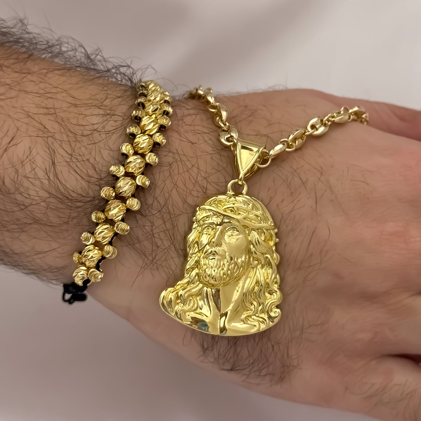 Cadena Tejido Gucci de Hombre de 60cm de 5mm + Rostro de Jesus  Tallado+ Pulsera Tres Carriles en Balin Italiano de 4mm en Oro Laminado 18k con Garantia de por vida