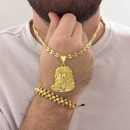 Cadena Tejido Gucci de Hombre de 60cm de 5mm + Rostro de Jesus  Tallado+ Pulsera Tres Carriles en Balin Italiano de 4mm en Oro Laminado 18k con Garantia de por vida