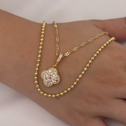 Set de Choker  Cadenas para Dama Tejido Crispeta de 40cm + Dije de Van Cleef con Micro Circones Cirstales + Cadena Militar de Dama Diamantado en Oro Laminado 18k con Garantia de por vida