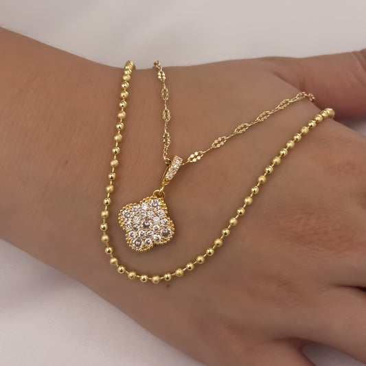 Set de Choker  Cadenas para Dama Tejido Crispeta de 40cm + Dije de Van Cleef con Micro Circones Cirstales + Cadena Militar de Dama Diamantado en Oro Laminado 18k con Garantia de por vida