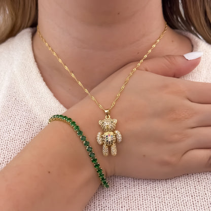 Cadena Tejido Singapur de Dama de 45cm de 2mm + Oso Articulado con Micro circones Cristales + Pulsera Tennis Verde en Oro Laminado 18k con Garantia de por vida