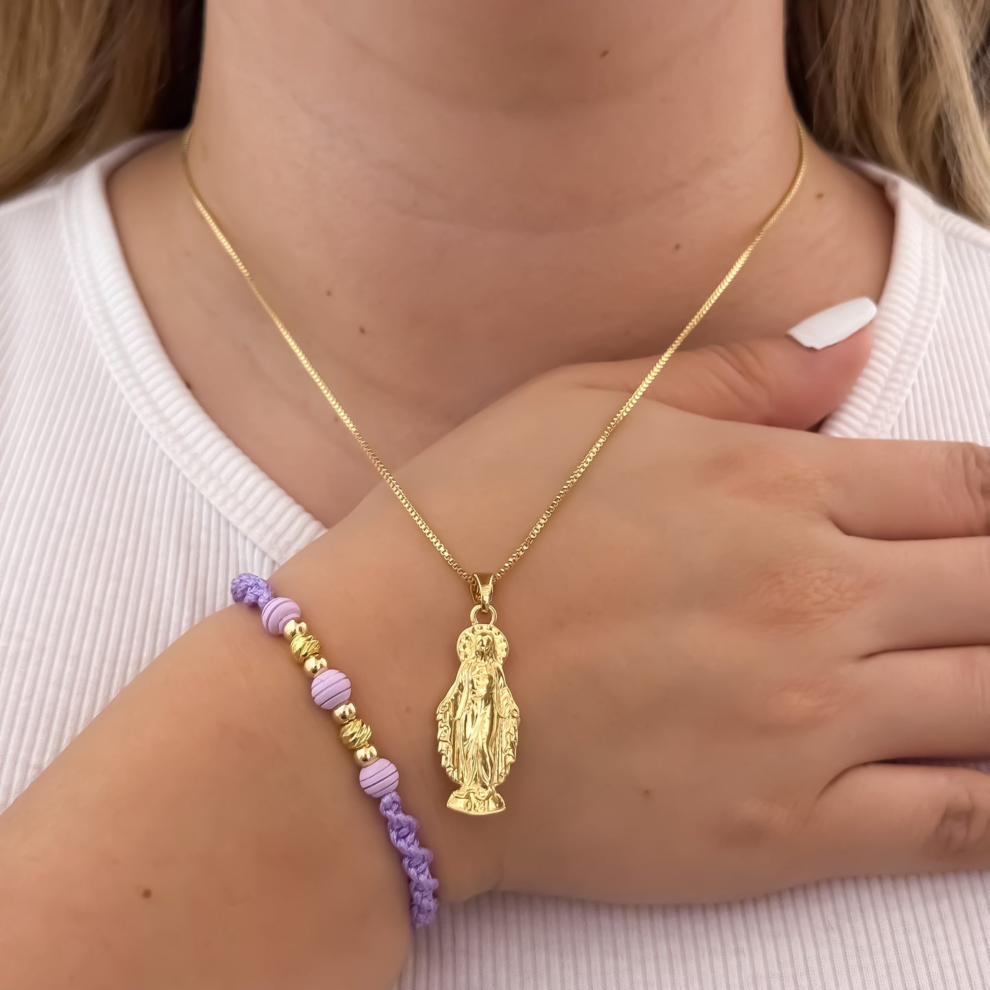 Cadena Tejido Veneciano de Dama de 45cm + Virgen  Milagrosa + Pulseas Morada de Dama Balin Italiano en Oro Laminado 18k con Garantia de por vida