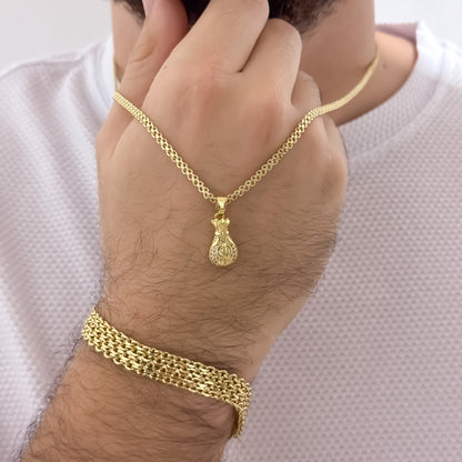 Cadena Tejido Chino de Hombre 60cm de 3mm  + Dije de Bolsa de Dinero con micro circones + Pulsera Chino Gruesa de 10mm en Oro Laminado 18k con Garantia de por vida