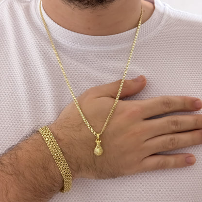 Cadena Tejido Chino de Hombre 60cm de 3mm  + Dije de Bolsa de Dinero con micro circones + Pulsera Chino Gruesa de 10mm en Oro Laminado 18k con Garantia de por vida