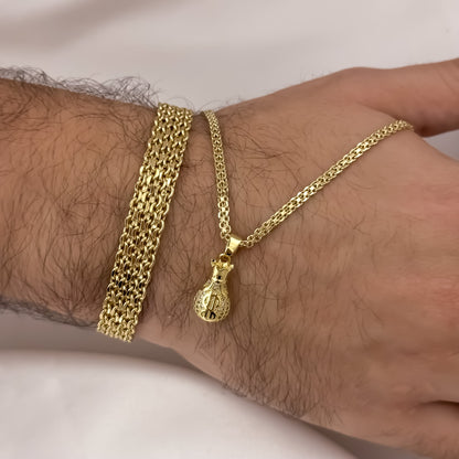 Cadena Tejido Chino de Hombre 60cm de 3mm  + Dije de Bolsa de Dinero con micro circones + Pulsera Chino Gruesa de 10mm en Oro Laminado 18k con Garantia de por vida