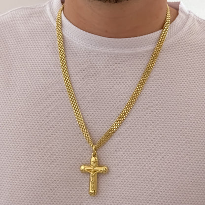 Cadena Tejido Chino Grueso de 60cm de 6mm de Grosor + Cristo Madero Protección en Oro Laminado 18k con Garantía de por vida