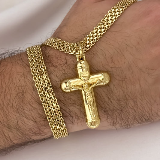 Conjunto para Hombre en Tejido Chino Grueso de 60cm de 6mm de Grosor + Cruz Cristo Madero + Pulsera Tejido Chino  Grueso de 20cm de 6mm de Grosor en Oro Laminado 18k con Garantia de por vida