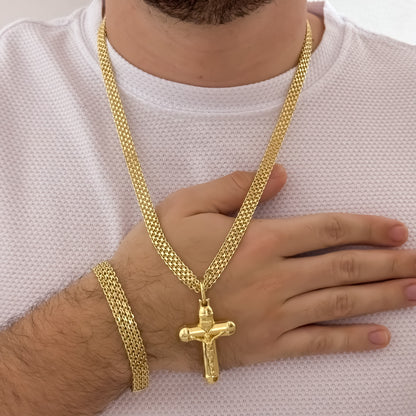 Conjunto para Hombre en Tejido Chino Grueso de 60cm de 6mm de Grosor + Cruz Cristo Madero + Pulsera Tejido Chino  Grueso de 20cm de 6mm de Grosor en Oro Laminado 18k con Garantia de por vida