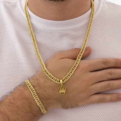 Conjunto Hombre en Cadena Tejido Cubana Cruzada de 60cm de 4mm + Corona Rolex con Circones Verde + Pulsera de 20cm de 4mm de Grosor en Oro Laminado 18k con Garantia de por vida
