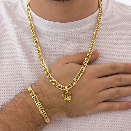 Conjunto Hombre en Cadena Tejido Cubana Cruzada de 60cm de 4mm + Corona Rolex con Circones Verde + Pulsera de 20cm de 4mm de Grosor en Oro Laminado 18k con Garantia de por vida