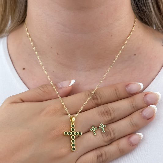 Cadena Tejido Singapur de Dama de 45cm + Cruz Verde Esmeralda + Topos Verde Esmeralda  en Oro Laminado 18k con Garantia de por vida