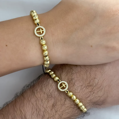 Pulseras Herraje Cruz Madero  para Parejas en Balin Italiano de 6mm  en Oro Laminado 18k con Garantía de por vida