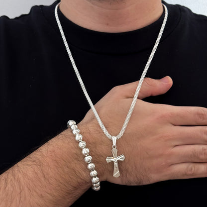 Cadena Tejido Chino de Hombre Plata 925 de  60cm de 4mm de Grosor + Cruz Cristo Madero + Pulsera Balin Italiano en Plata 925 con Garantía de por vida
