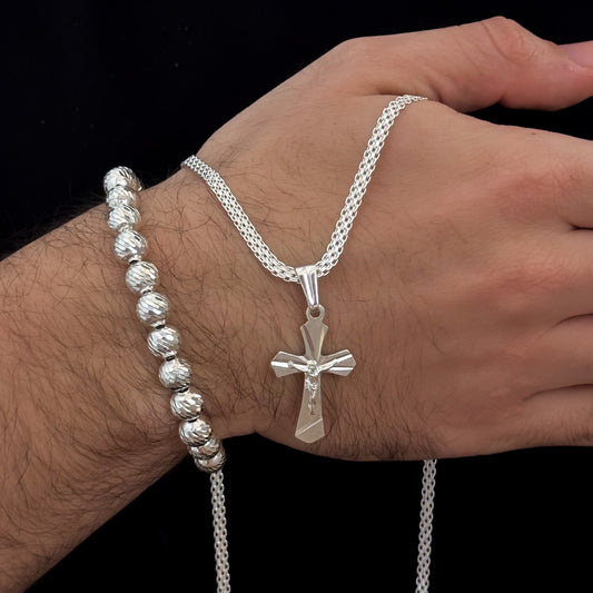 Cadena Tejido Chino de Hombre Plata 925 de  60cm de 4mm de Grosor + Cruz Cristo Madero + Pulsera Balin Italiano en Plata 925 con Garantía de por vida