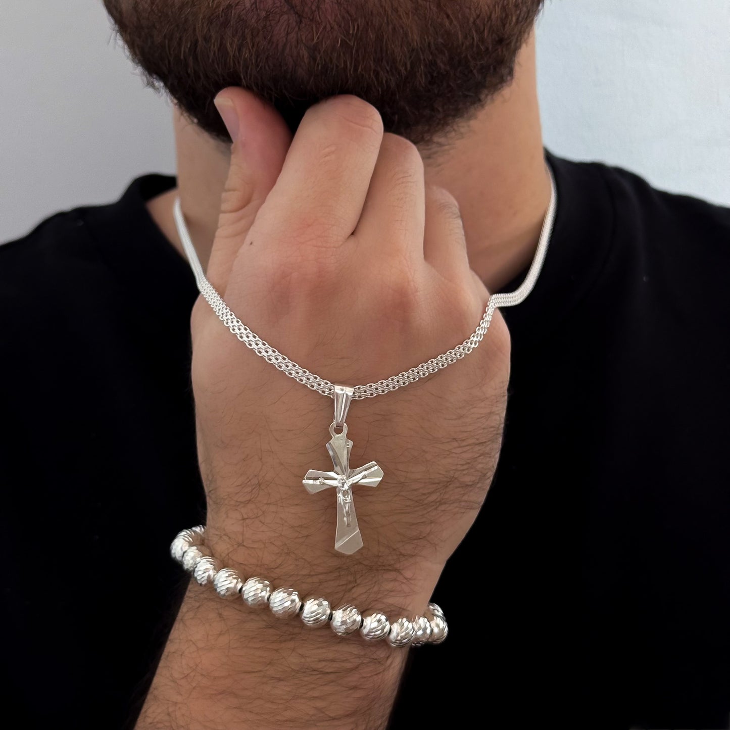 Cadena Tejido Chino de Hombre Plata 925 de  60cm de 4mm de Grosor + Cruz Cristo Madero + Pulsera Balin Italiano en Plata 925 con Garantía de por vida