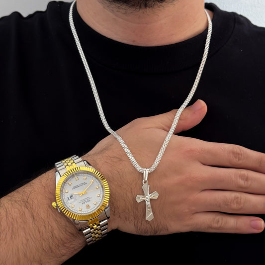 Cadena Tejido Chino de Hombre de 60cm de  4mm + Cruz con Destellos en Plata 925 Garantizada  + Reloj Rolex 1,1 en Plata + Reloj en Baño de Oro con Garantia