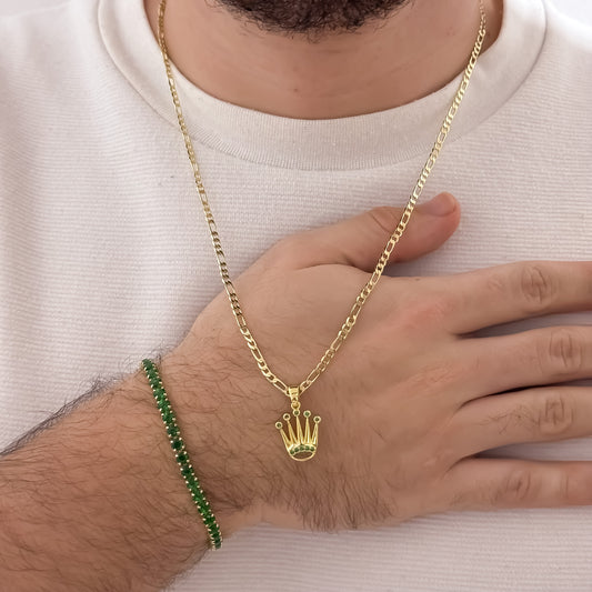 Cadena Tejido Cartier de hombre de 60cm de 3mm + Dije de Corona Rolex Verde Esmeralda + Pulsera Tennis verde Esmeralda en  Oro Laminado 18k con Garantia de por vida