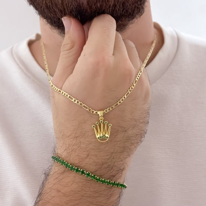 Cadena Tejido Cartier de hombre de 60cm de 3mm + Dije de Corona Rolex Verde Esmeralda + Pulsera Tennis verde Esmeralda en  Oro Laminado 18k con Garantia de por vida