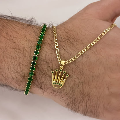 Cadena Tejido Cartier de hombre de 60cm de 3mm + Dije de Corona Rolex Verde Esmeralda + Pulsera Tennis verde Esmeralda en  Oro Laminado 18k con Garantia de por vida