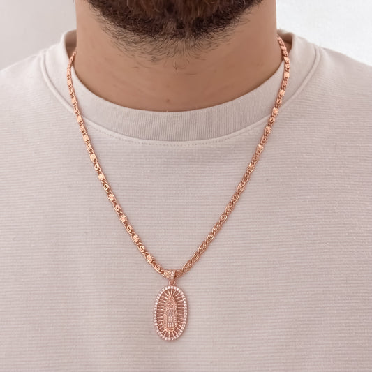 Cadena Tejido Caracol de 6c0m en Oro Rosa + Virgen de Guadalupe con Micro circones Oro Rosa en Oro Laminado 18k con Garantía de por vida