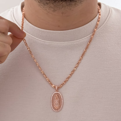 Cadena Tejido Caracol de 6c0m en Oro Rosa + Virgen de Guadalupe con Micro circones Oro Rosa en Oro Laminado 18k con Garantía de por vida