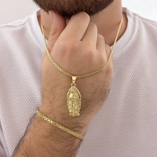 Cadena Tejido Chino de 60cm de 3mm + Virgen de Guadalupe Talla + Pulseras Tejido Chino 20cm  en Oro laminado 18k con Garantia de por vida