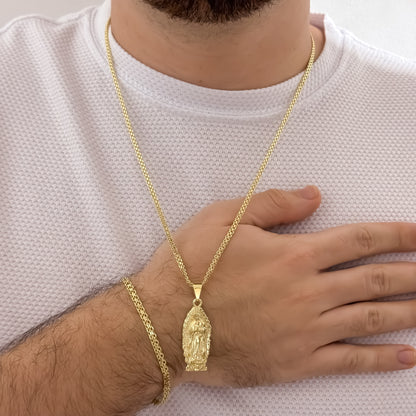 Cadena Tejido Chino de 60cm de 3mm + Virgen de Guadalupe Talla + Pulseras Tejido Chino 20cm  en Oro laminado 18k con Garantia de por vida