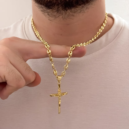 Cadena Tejido Gucci de Hombre de 62cm de 5mm + Cruz Cristo Madero Protección en Oro Laminado 18k con Garantía de por vida