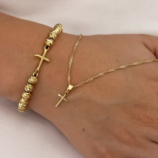 Cadena Tejido Singapur de Dama de 45m + Dije Cruz Mini + Pulsera Balin Italiano con Herraje Cruz en Oro laminado 18k con Garantía de por vida