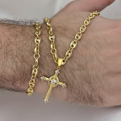Conjunto Tejido Gucci de Hombre de 60cm de 5mm + Cruz Trebol Circones + Pulsera Gucci de 20cm de 5mm en Oro Laminado 18k con Garantía de por vida
