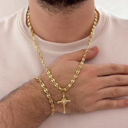 Conjunto Tejido Gucci de Hombre de 60cm de 5mm + Cruz Trebol Circones + Pulsera Gucci de 20cm de 5mm en Oro Laminado 18k con Garantía de por vida