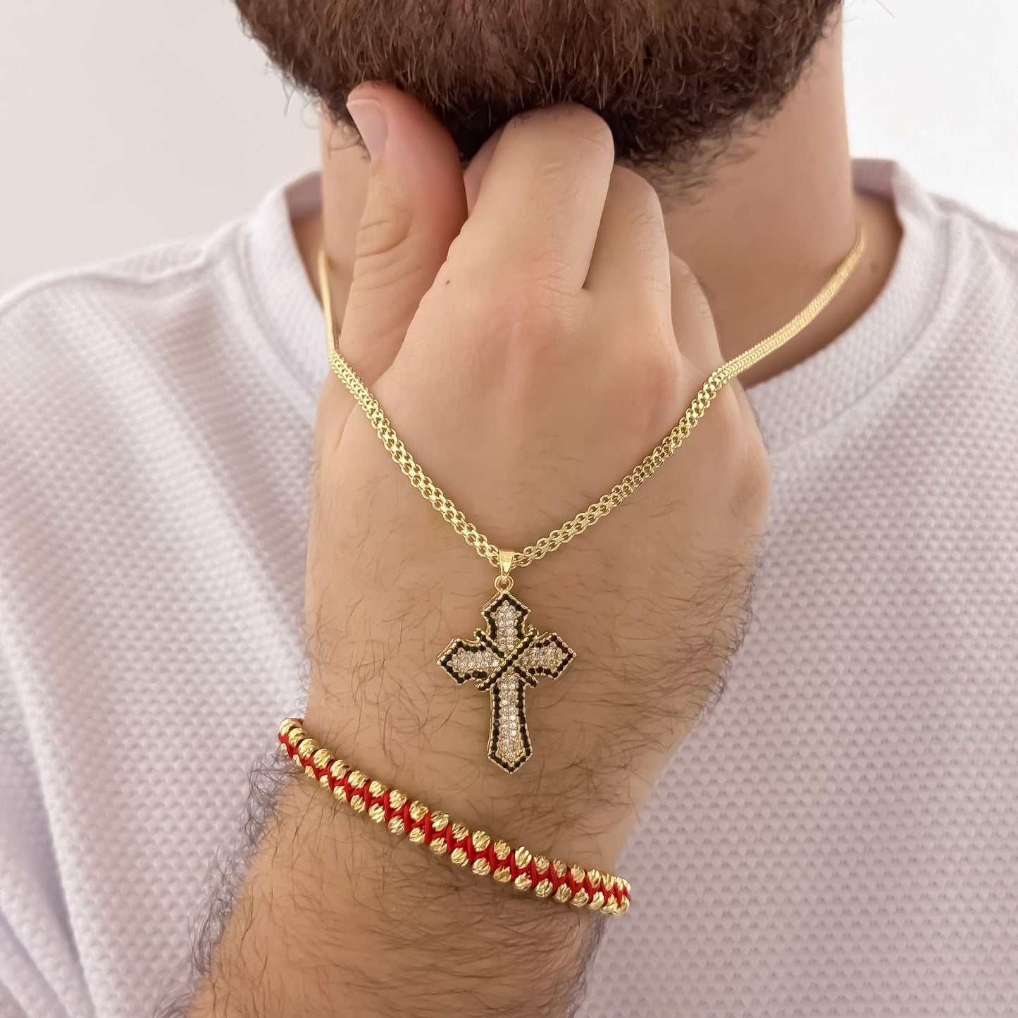 Cadena Tejido Chino de Hombre de 60cm de 3mm + Cruz Con Micro circones Negro + Pulsera Doble Carril en Balin italiano de 4mm en Oro Laminado 18k con Garantia de por vida L